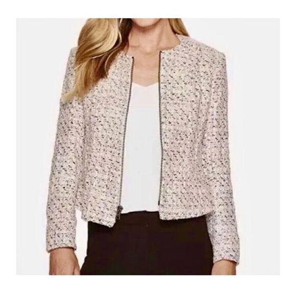Anne Klein Women's Plus Zip-Front Collarless Tweed Blazer in Cream Size 14 NWT - Picture 4 of 9